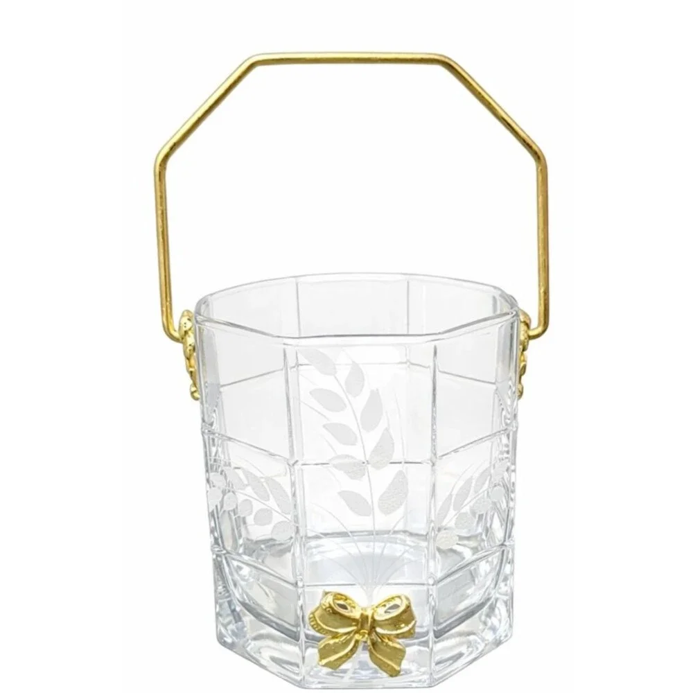 VTG Arte Murano “Linea Mary” Crystal Ice Bucket Gold Handle Italy 1970s-1990s